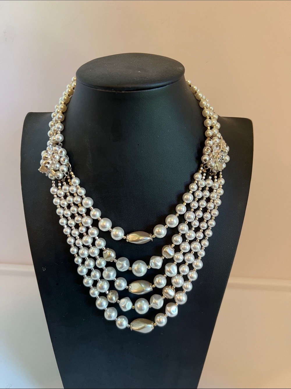 Layered Cream Pearl Necklace with Gold Accents